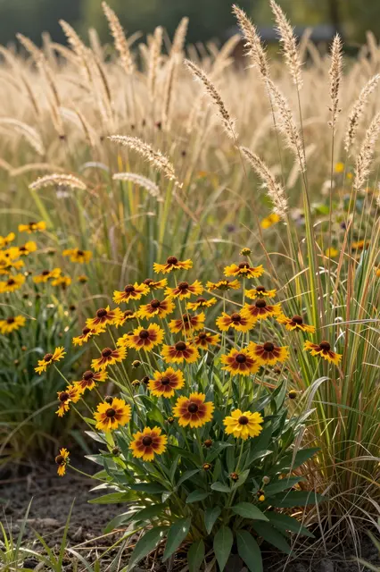 Yellow bronze-edged flowers grow alongside feathery ornamental grass in warm golden backlight