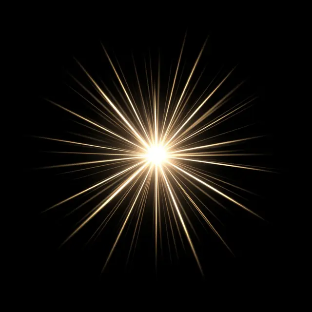 A bright golden radial light burst radiates from a central point on a solid pure black background