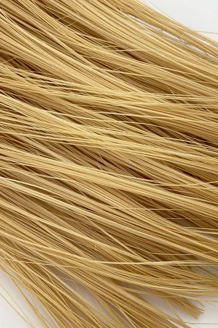 Close-up of tangled fine golden raffia strands against a pale neutral background