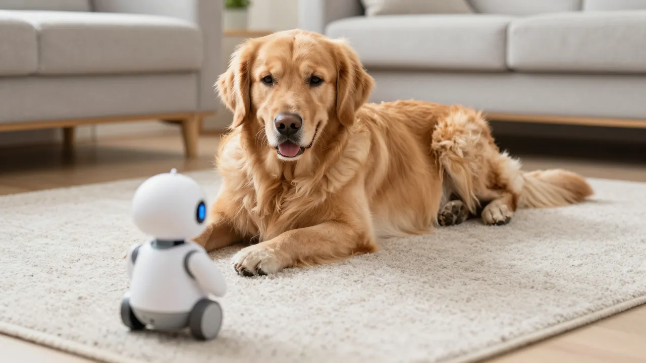 A golden retriever lying on a soft living room rug watches a small white wheeled robot nearby.