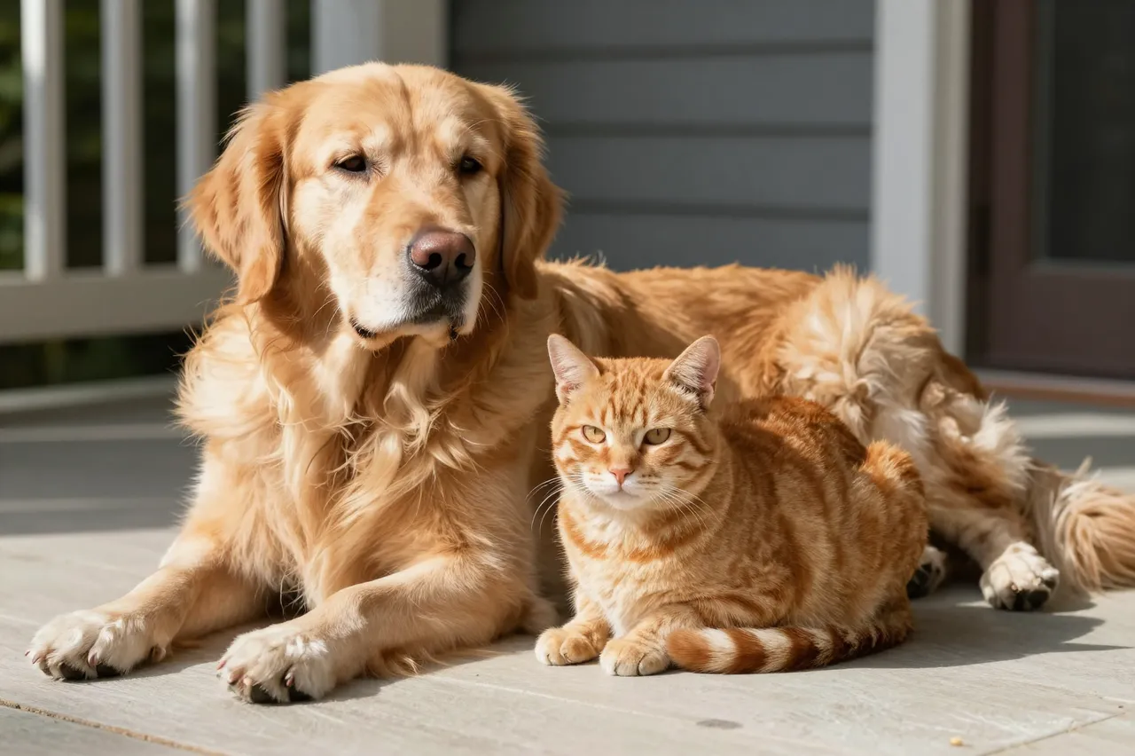A golden retriever and orange tabby cat lie side by side on a sunlit home porch, looking toward the camera.
