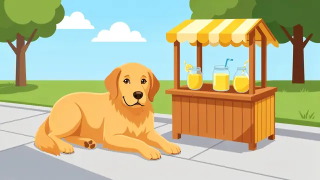 A friendly golden retriever lies on a sunny sidewalk next to a small wooden lemonade stand with jars of lemonade.