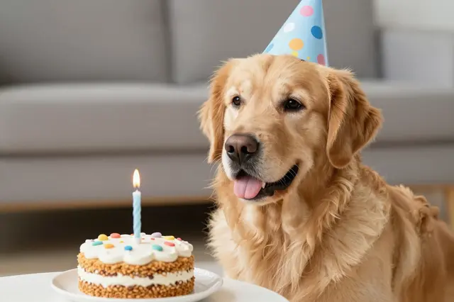 A golden retriever wearing a polka dot party hat sits beside a small birthday cake with a lit candle