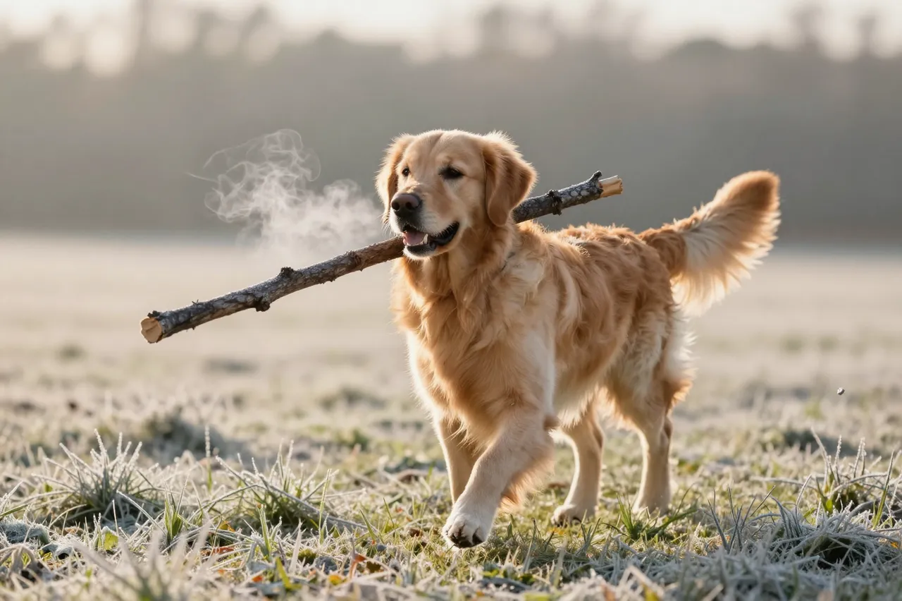 Golden retriever carries a long stick across a frosty meadow with visible breath at sunrise.