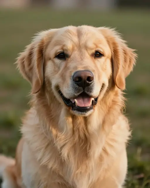 A friendly golden retriever with a soft smiling expression sits in warm golden evening light