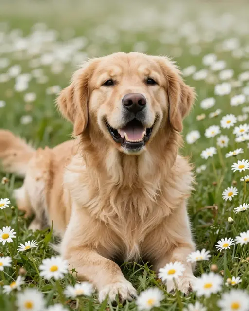 A smiling golden retriever lies in a sunlit field of white daisies looking toward the camera