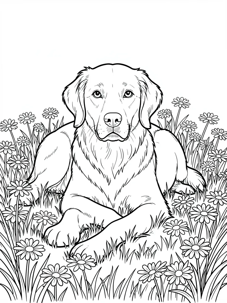 Black and white line art of a golden retriever lying among daisies on a plain white background