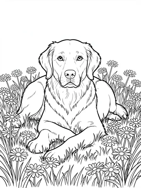 Black and white line art of a golden retriever lying among daisies on a plain white background