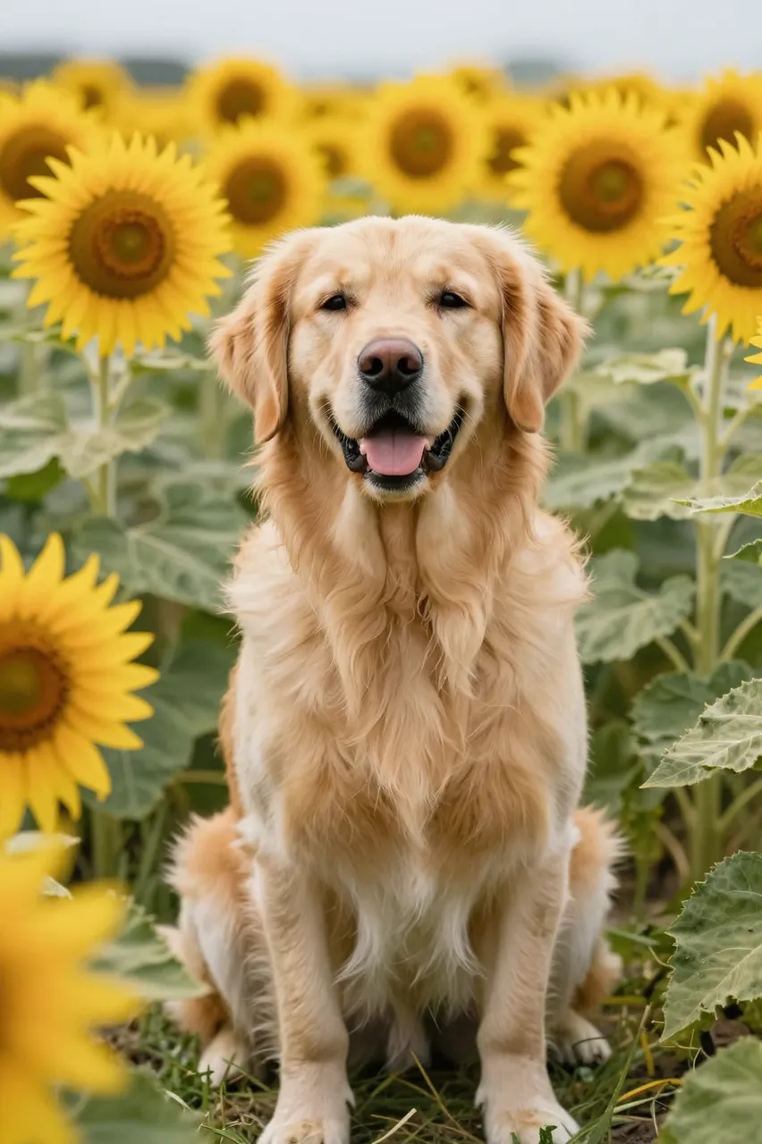 A friendly golden retriever sits calmly facing the camera in a lush sunflower field.