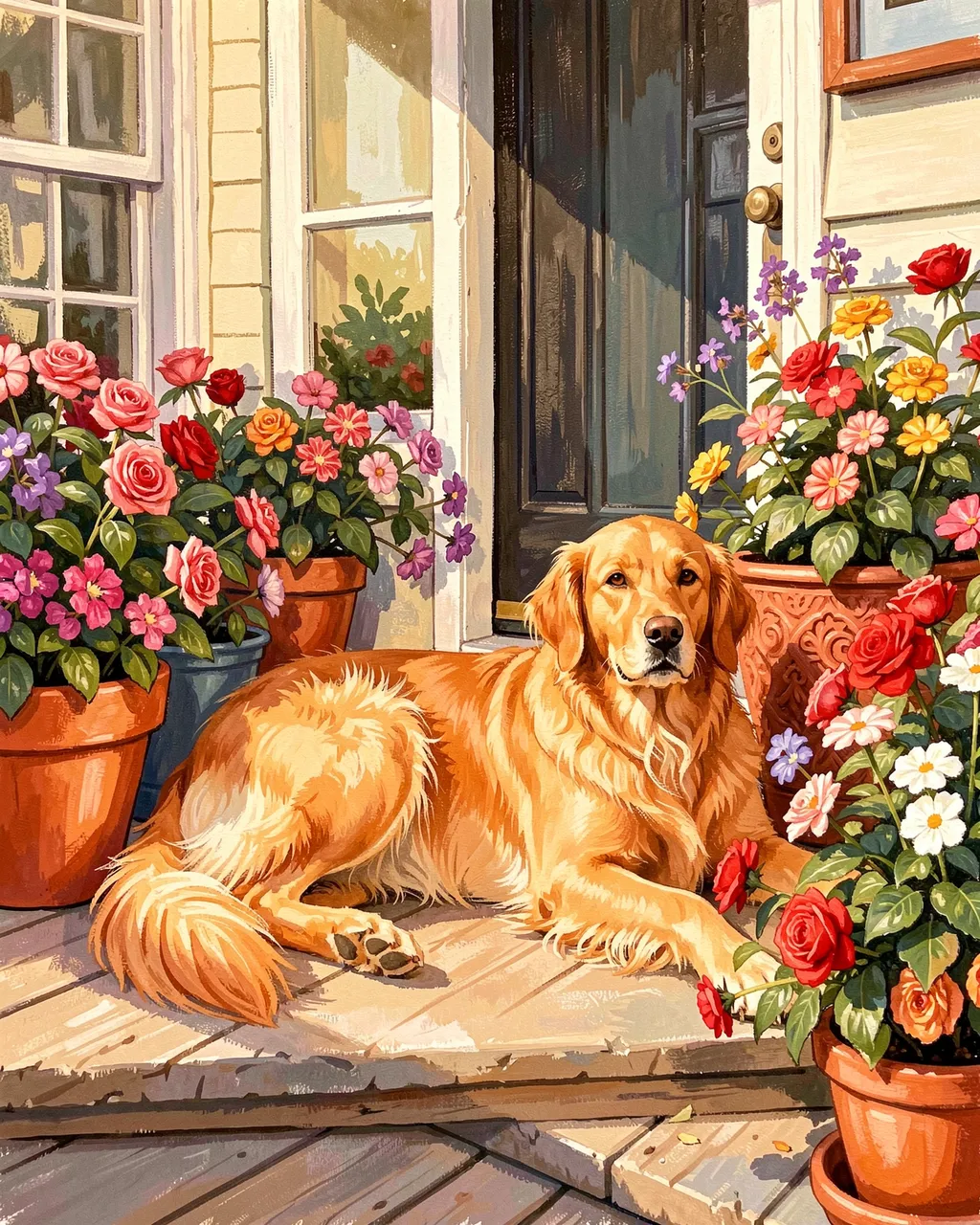 A golden retriever rests on a sunlit home porch surrounded by potted flowering plants in warm afternoon light.