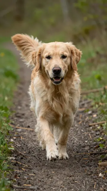 A fluffy golden retriever walks toward the camera along a narrow dirt forest trail