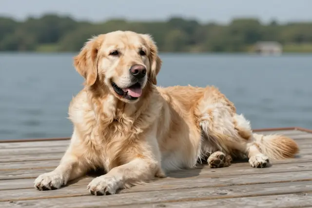 A fluffy golden retriever lies relaxed on a wooden dock next to calm sunlit lake water