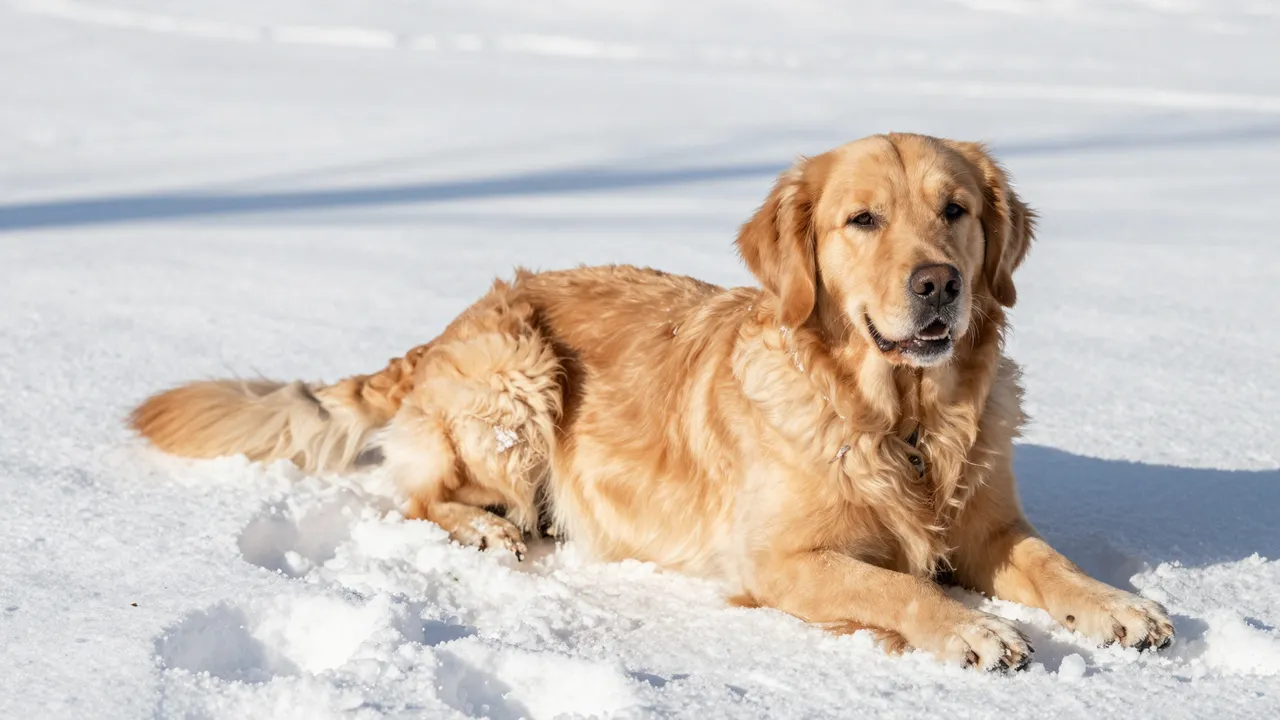 A golden retriever rests lying down on bright sunlit snow with small snow flecks in its fur