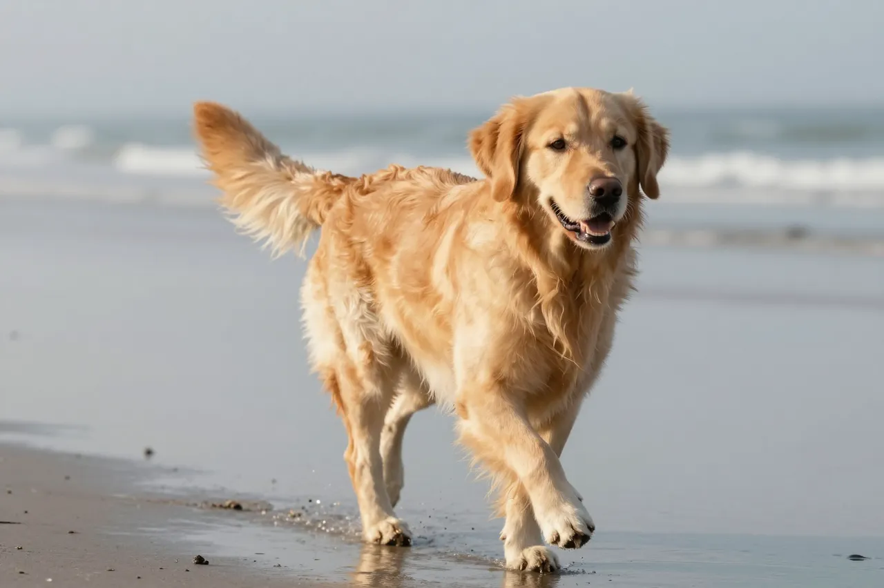 A fluffy golden retriever runs across wet reflective beach sand near gentle ocean waves.