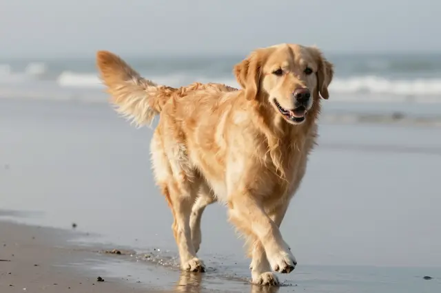 A fluffy golden retriever runs across wet reflective beach sand near gentle ocean waves.