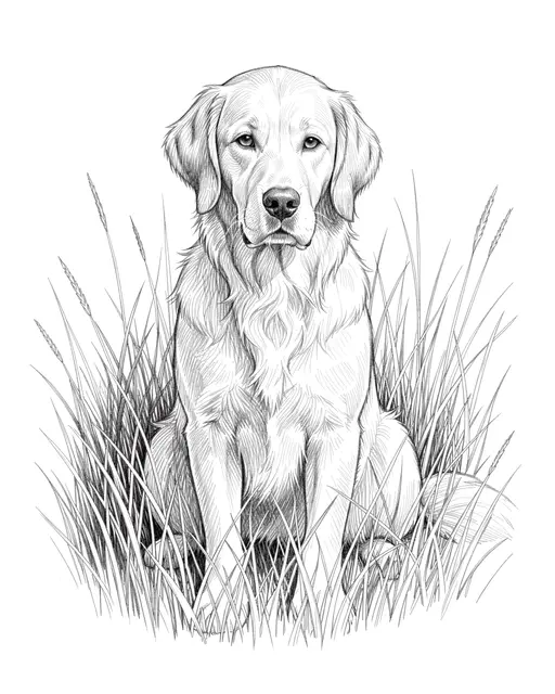Detailed graphite pencil sketch of a sitting golden retriever surrounded by tall grass on a white background