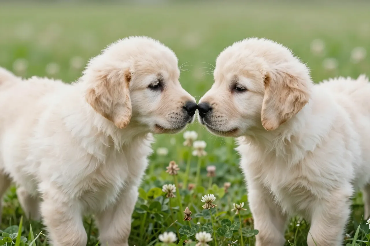 Two fluffy cream golden retriever puppies touch noses while standing in a sunlit clover meadow