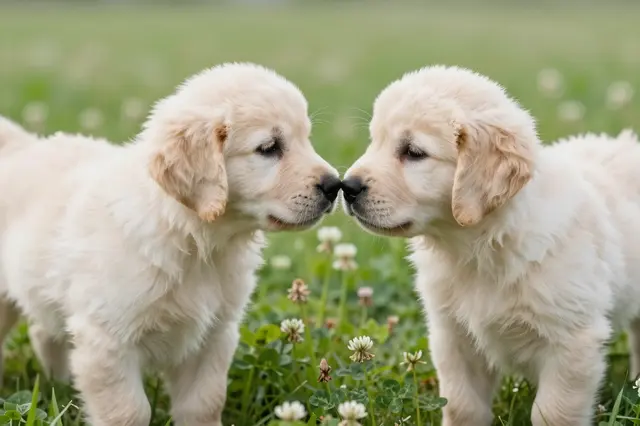 Two fluffy cream golden retriever puppies touch noses while standing in a sunlit clover meadow