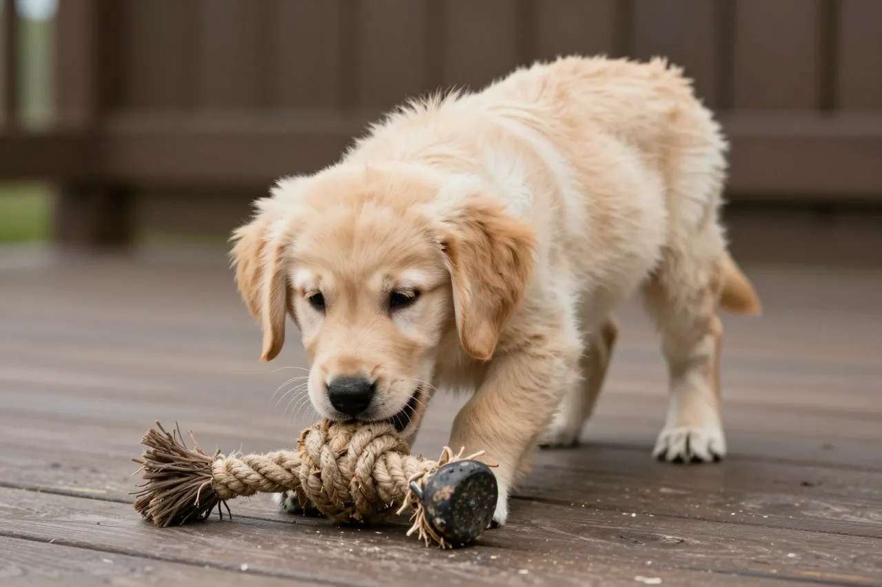 A fluffy golden retriever puppy chews on a rope toy while standing on a wooden porch.