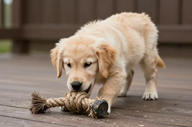 A fluffy golden retriever puppy chews on a rope toy while standing on a wooden porch.