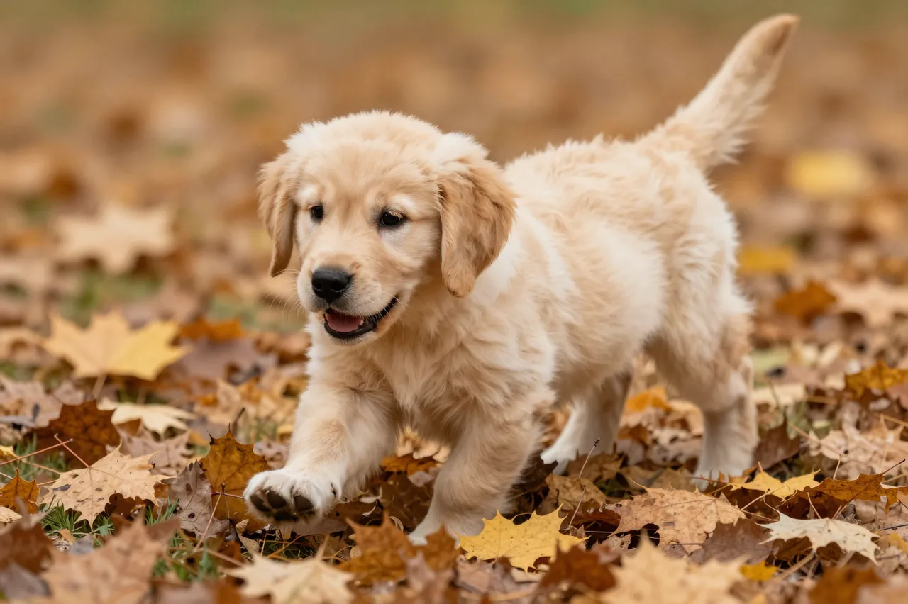 A fluffy golden retriever puppy steps playfully across a bed of fallen autumn maple leaves.