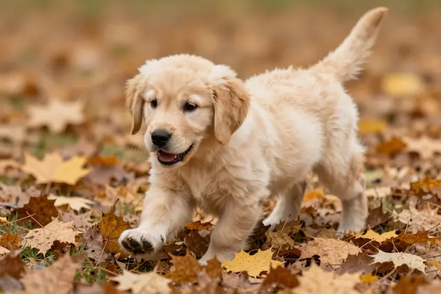 A fluffy golden retriever puppy steps playfully across a bed of fallen autumn maple leaves.