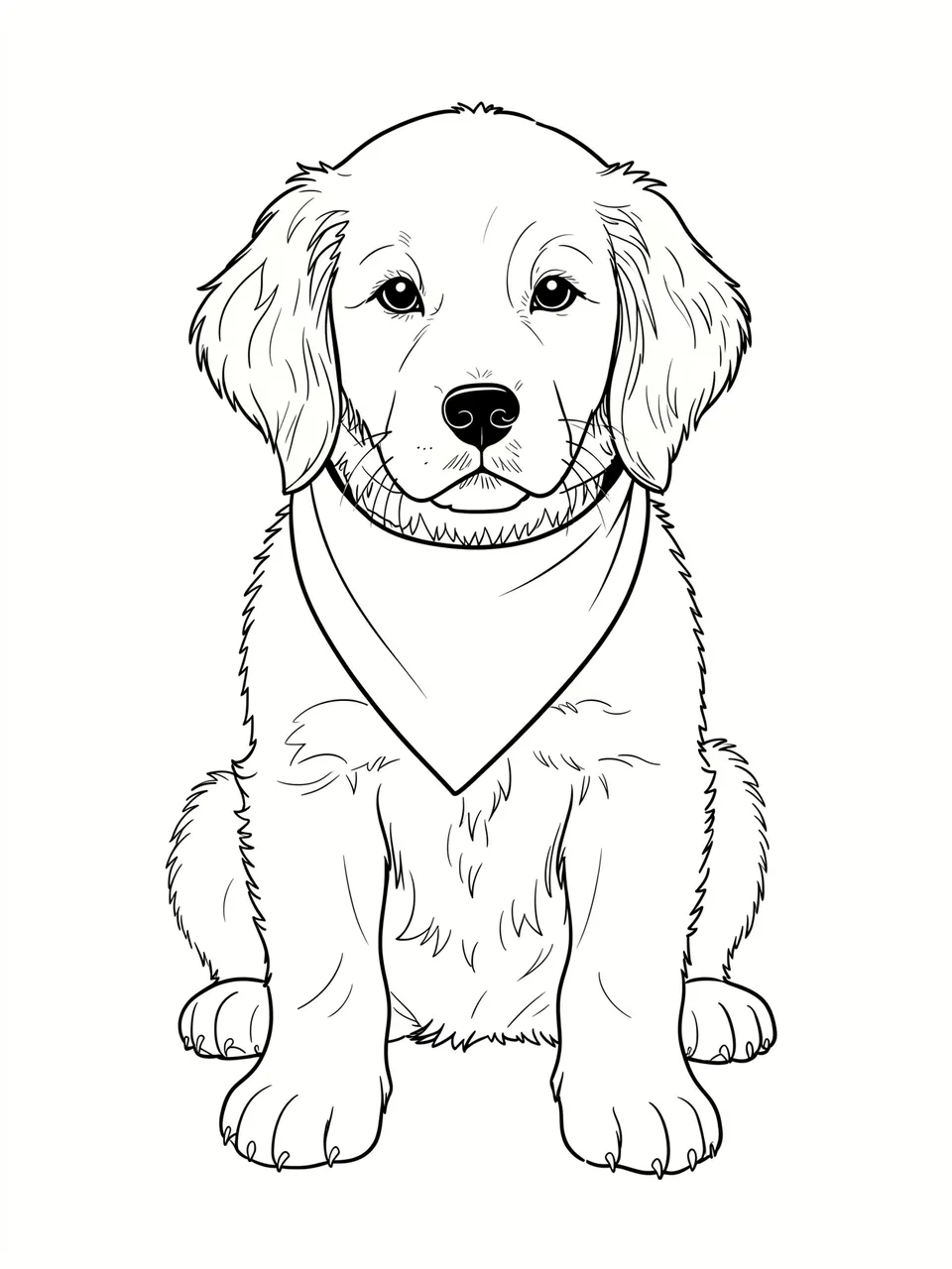 Black line drawing of a sitting golden retriever puppy wearing a triangular bandana on a plain white background