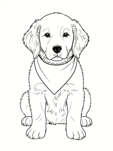 Black line drawing of a sitting golden retriever puppy wearing a triangular bandana on a plain white background