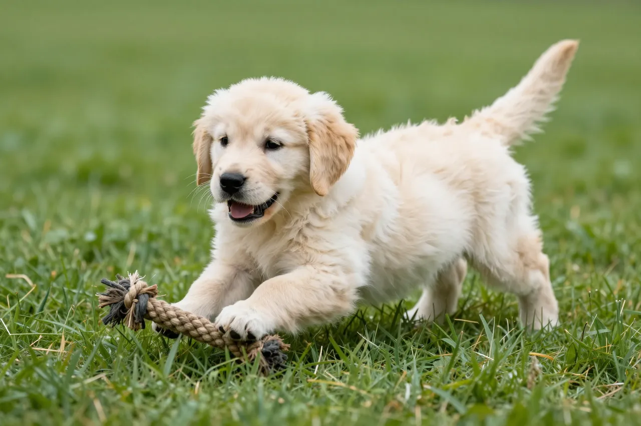 Fluffy cream golden retriever puppy plays with a knotted rope toy on lush green grass