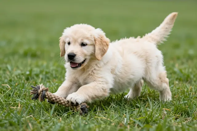 Fluffy cream golden retriever puppy plays with a knotted rope toy on lush green grass