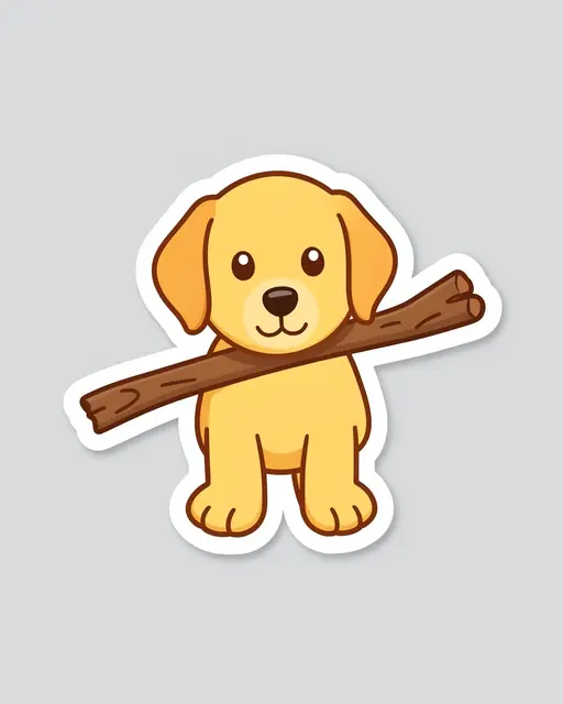 Cute flat illustration sticker of a golden retriever puppy holding a stick against a light gray background