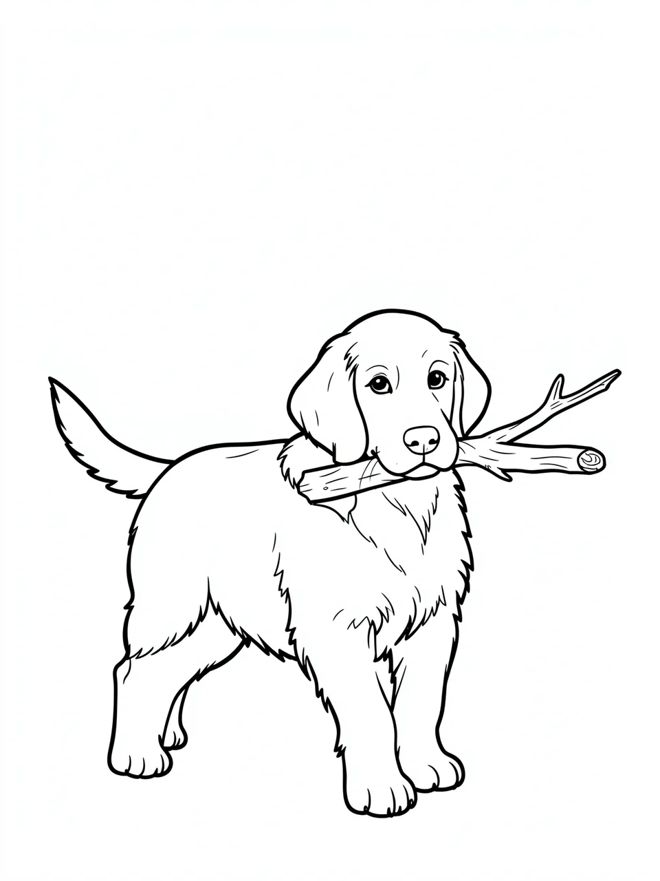 Simple black line art of a golden retriever puppy carrying a stick on a plain white background