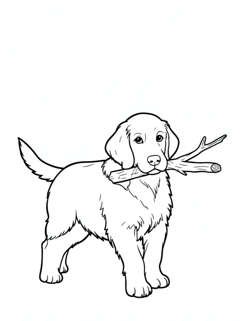 Simple black line art of a golden retriever puppy carrying a stick on a plain white background