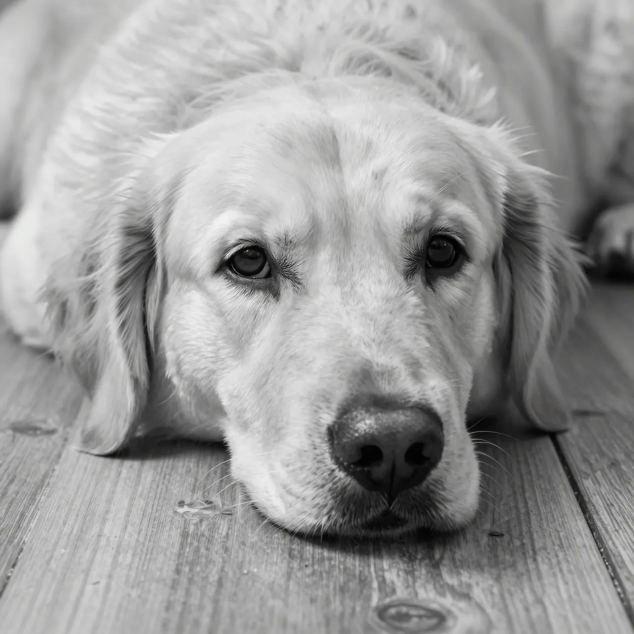 Black and white close-up of a golden retriever resting its face on a wooden floor looking upward