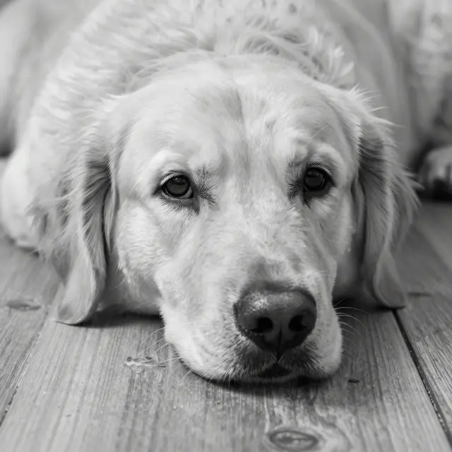 Black and white close-up of a golden retriever resting its face on a wooden floor looking upward