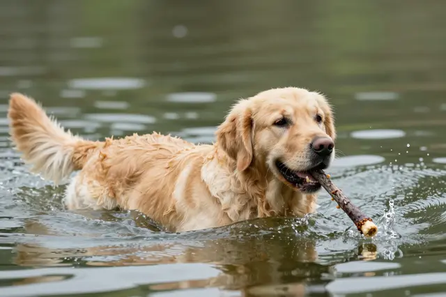 A wet golden retriever swims in a lake while holding a stick in its mouth