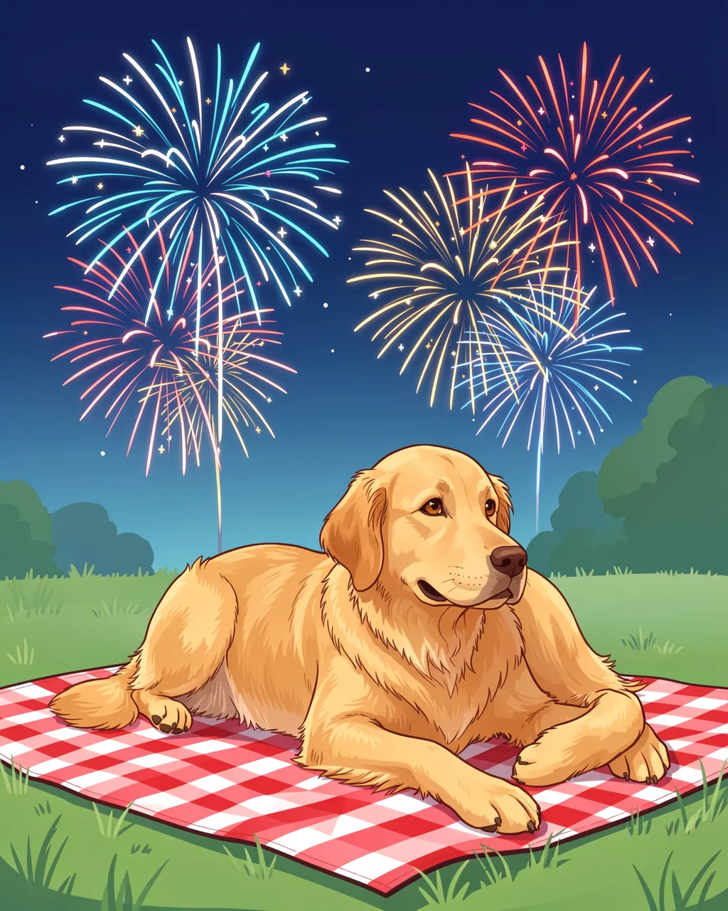 A golden retriever lies on a red checkered picnic blanket watching Fourth of July fireworks in a park at dusk