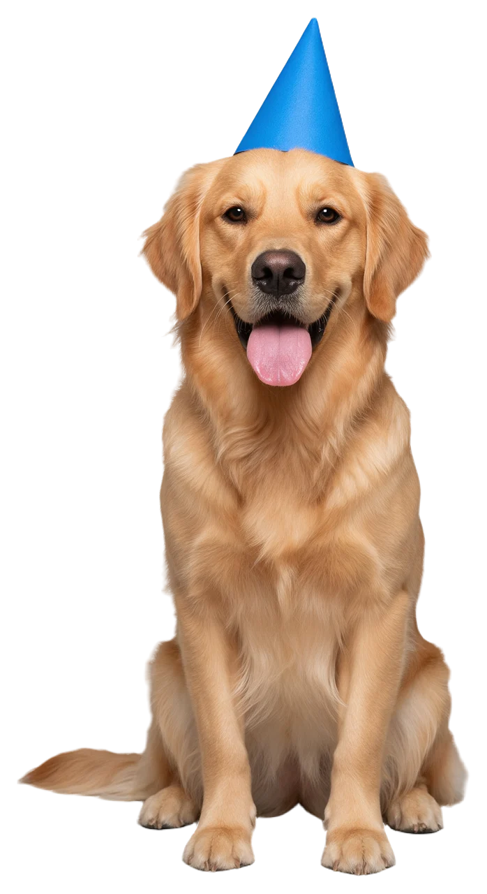 A sitting golden retriever wearing a blue party hat looks at the camera with its tongue out.