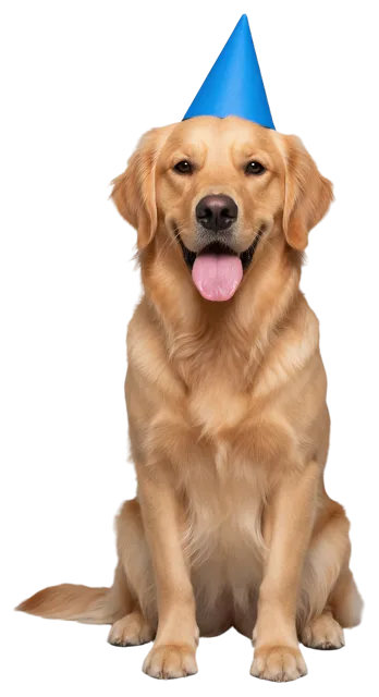 A sitting golden retriever wearing a blue party hat looks at the camera with its tongue out.