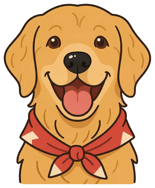 Friendly cartoon golden retriever headshot wearing a red bandana with a happy open mouth.