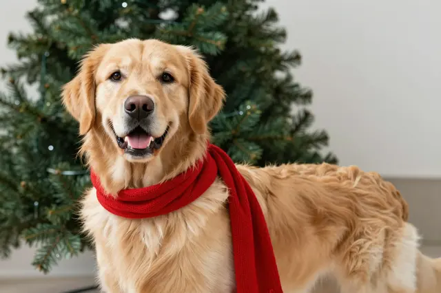 A happy golden retriever wearing a red knit scarf sits in front of a decorated Christmas tree.