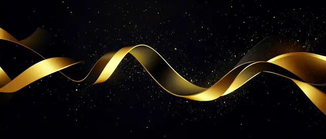 Flowing black and gold gradient ribbons drift across dark space dotted with sparkling dust particles
