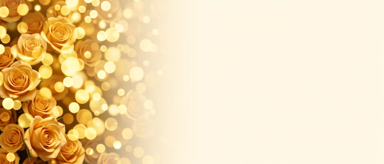 Golden roses and soft gold bokeh on the left fade into plain cream empty copy space on the right