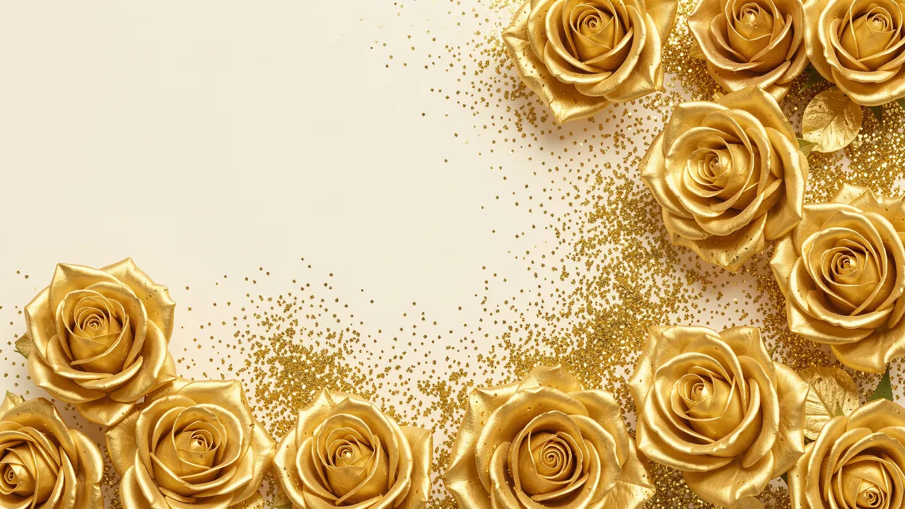 Shiny gold roses and glitter dust frame an empty pale ivory copy space on the left side of the frame