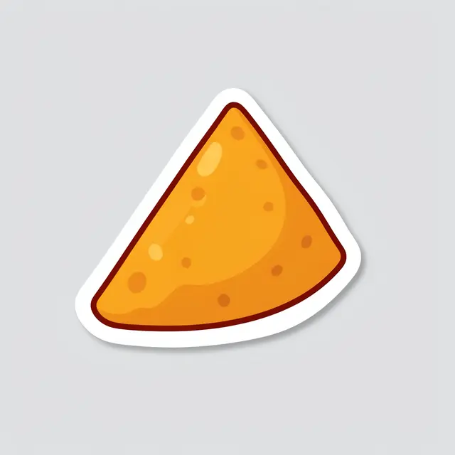 Cute flat die-cut sticker of a crispy golden samosa on a plain light gray background