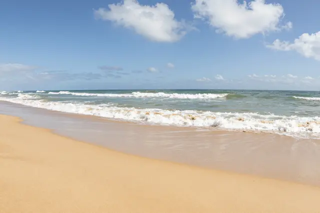 Gentle foamy ocean waves lap a golden sand beach beneath a blue sky with scattered white clouds