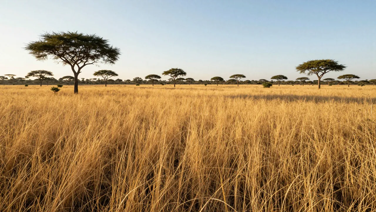 Warm golden savanna grass stretches across the frame with scattered acacia trees under a pale clear dawn sky