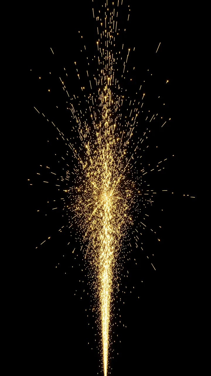 A vertical spray of glowing golden sparks bursts outward against a solid pure black background