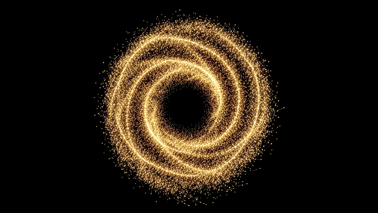 A dense swirling spiral of tiny bright golden sparks rests against a solid pure black background