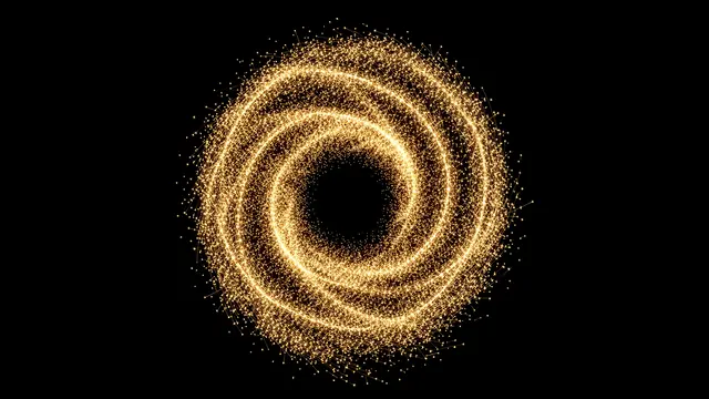 A dense swirling spiral of tiny bright golden sparks rests against a solid pure black background